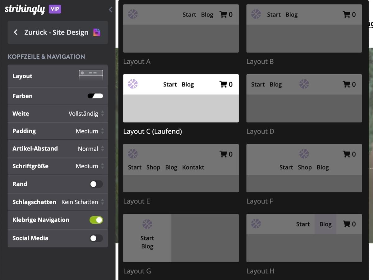 Navigations-Einstellungen im Strikingly Website-Editor