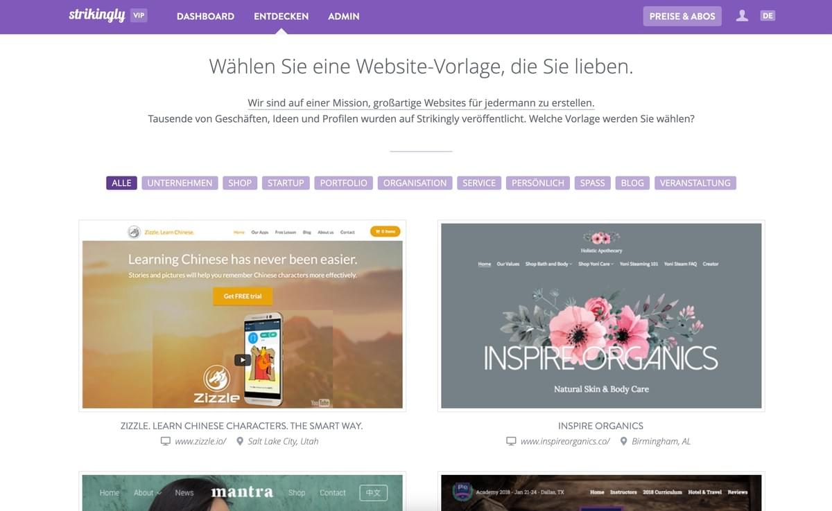 Strikingly Vorlagenauswahlseite