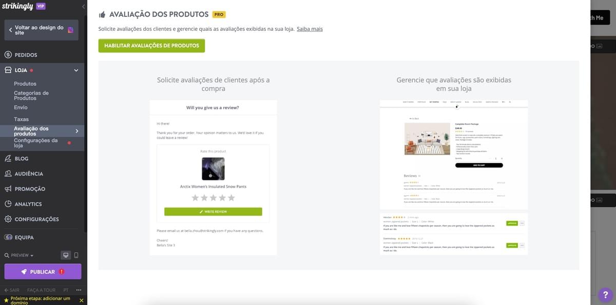 Recurso de Avaliações de Produtos da Strikingly