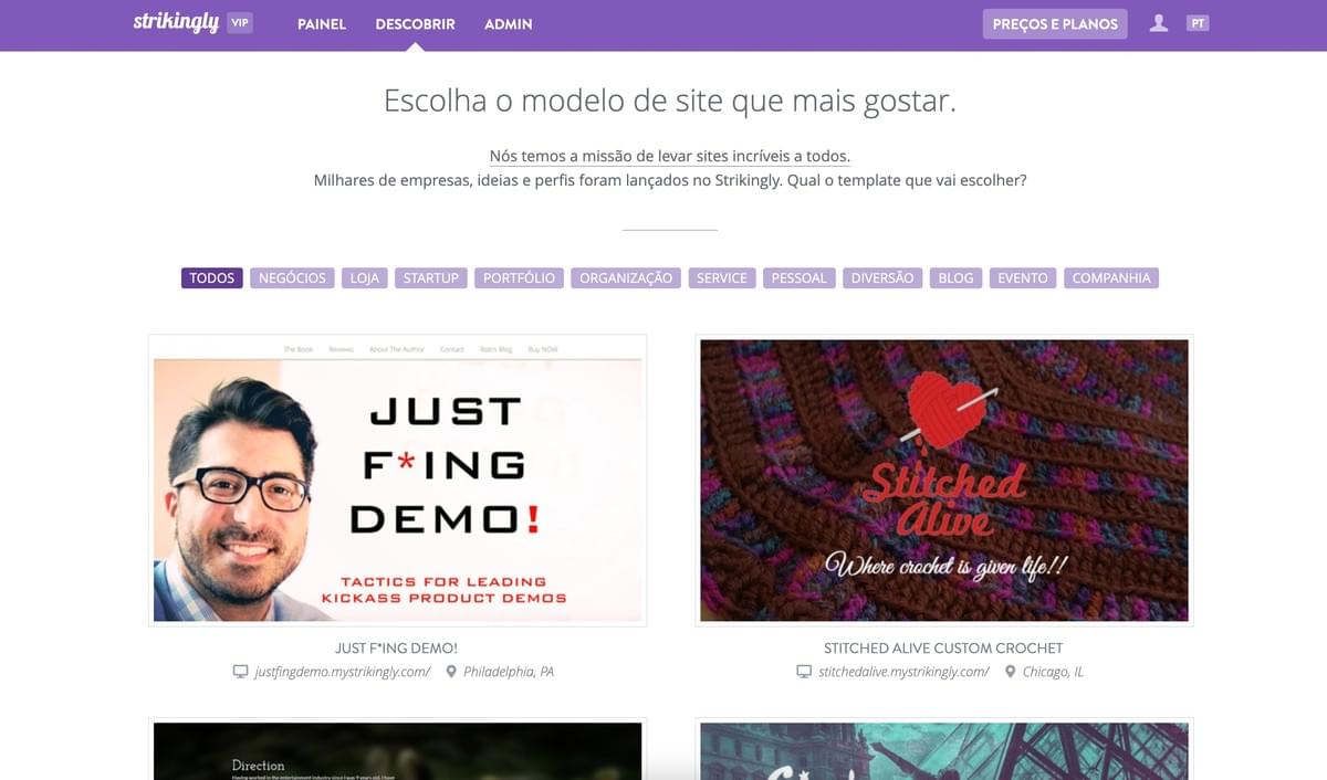 Como começar um blog de culinária com o Strikingly - Selecione um modelo