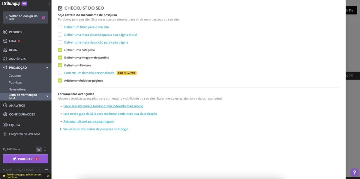 Checklist de SEO da Strikingly