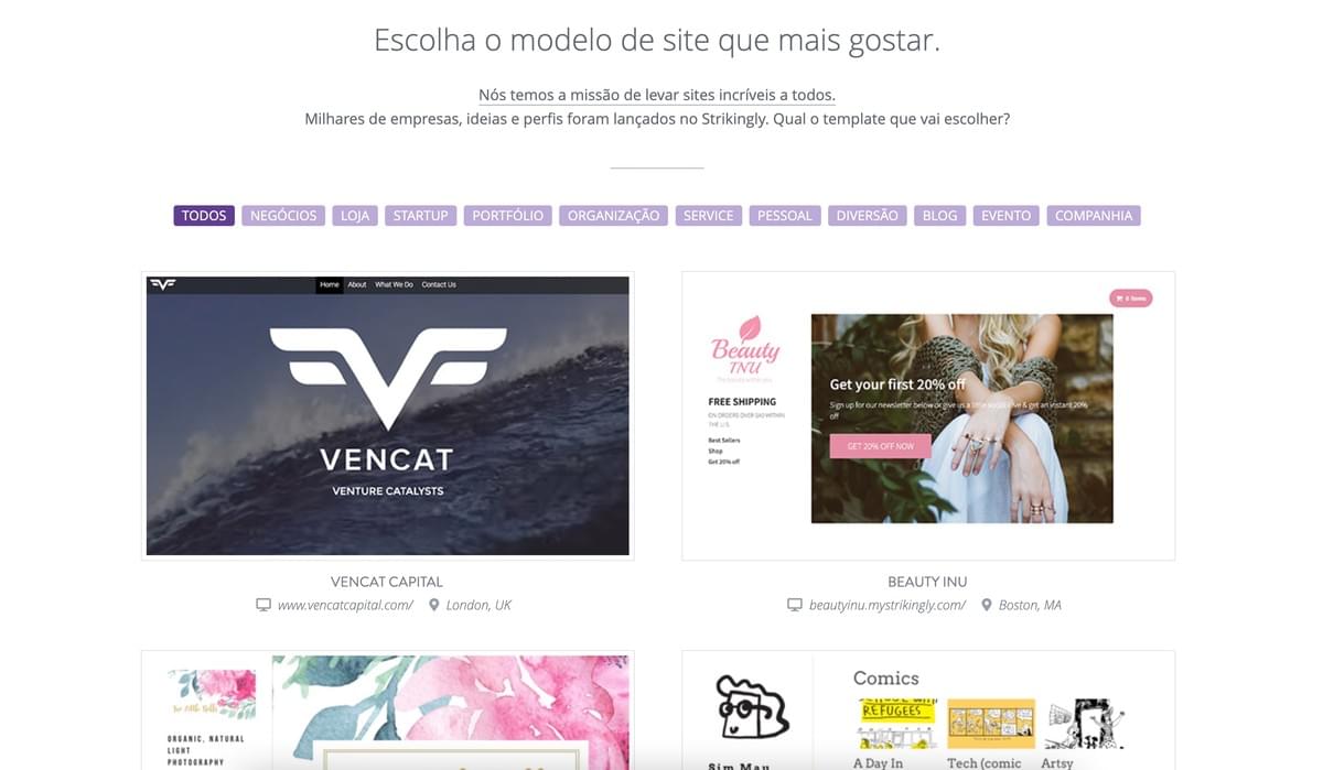 Página de Seleção de Modelos de Loja Online da Strikingly