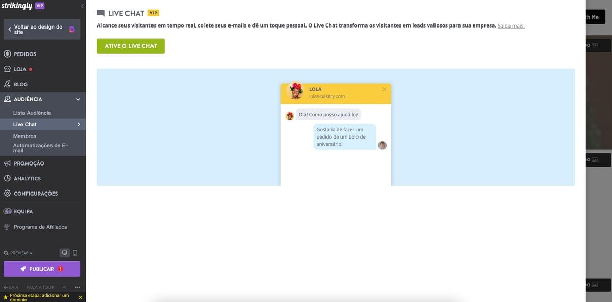 Recurso de Chat ao Vivo do Strikingly
