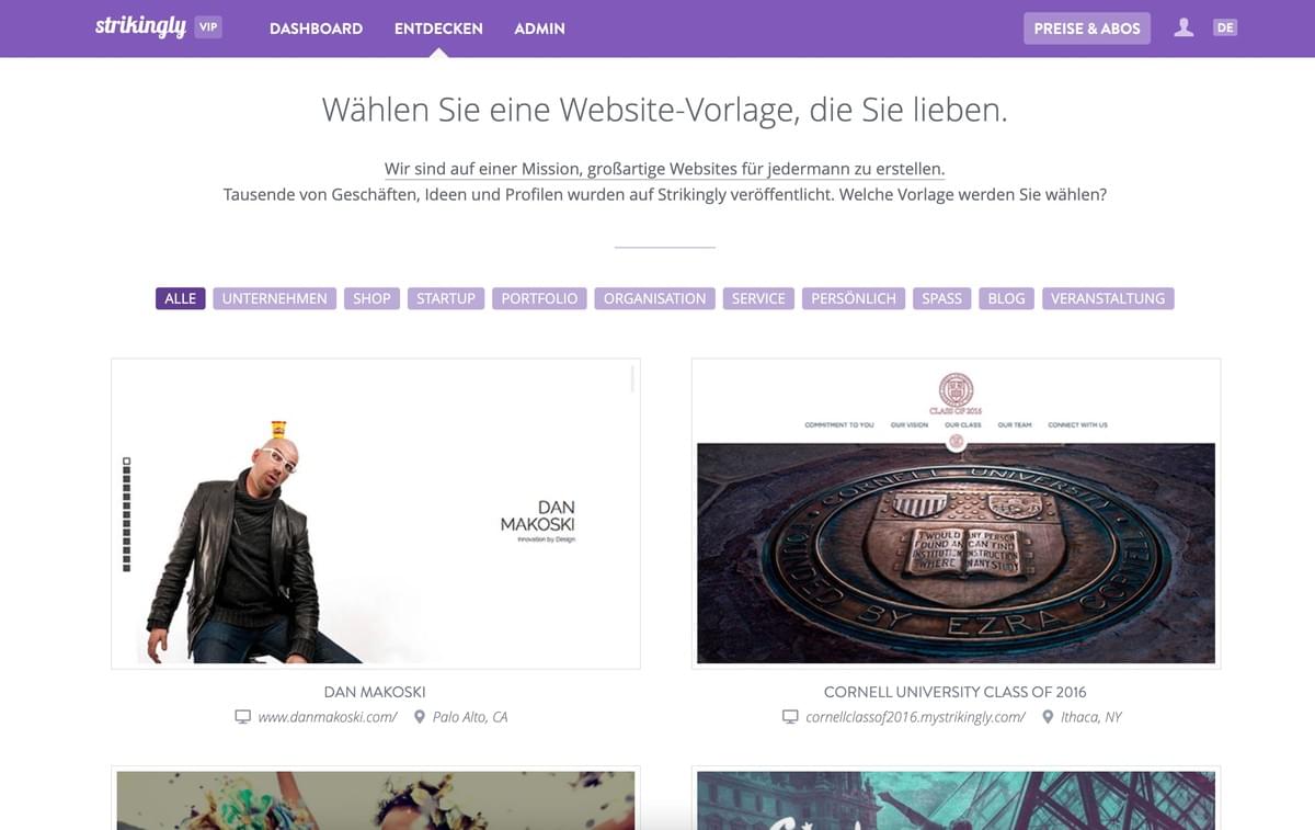 Strikingly Template Selection Page