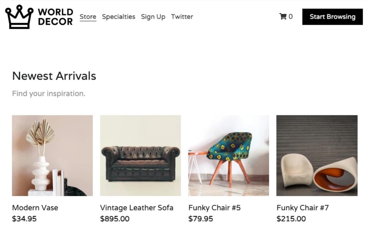 Modelo de loja online World Decor da Strikingly