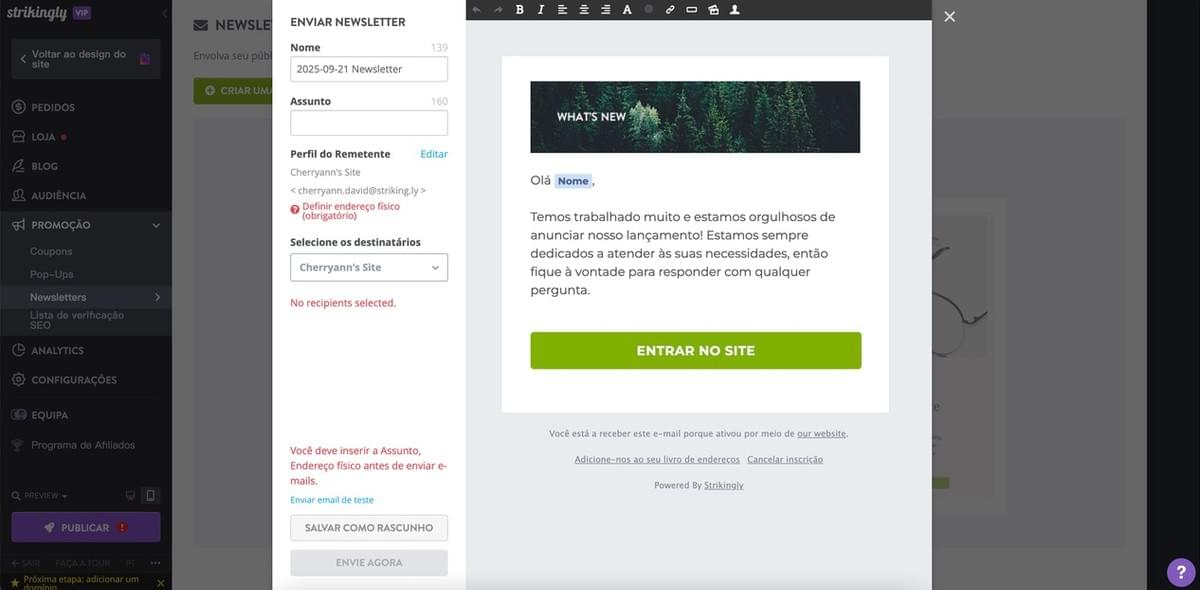 Personalização de e-mail com Strikingly - E-mails de Carrinho Abandonado