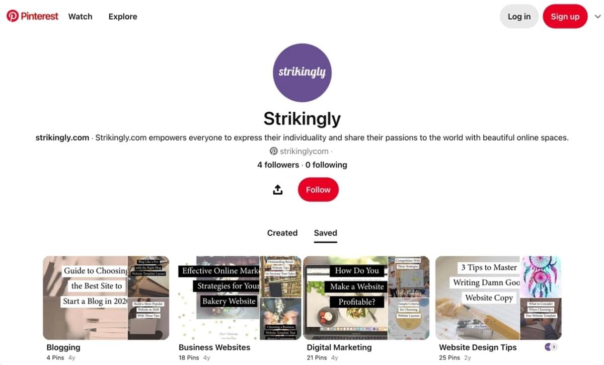 Het Pinterest-profiel van Strikingly