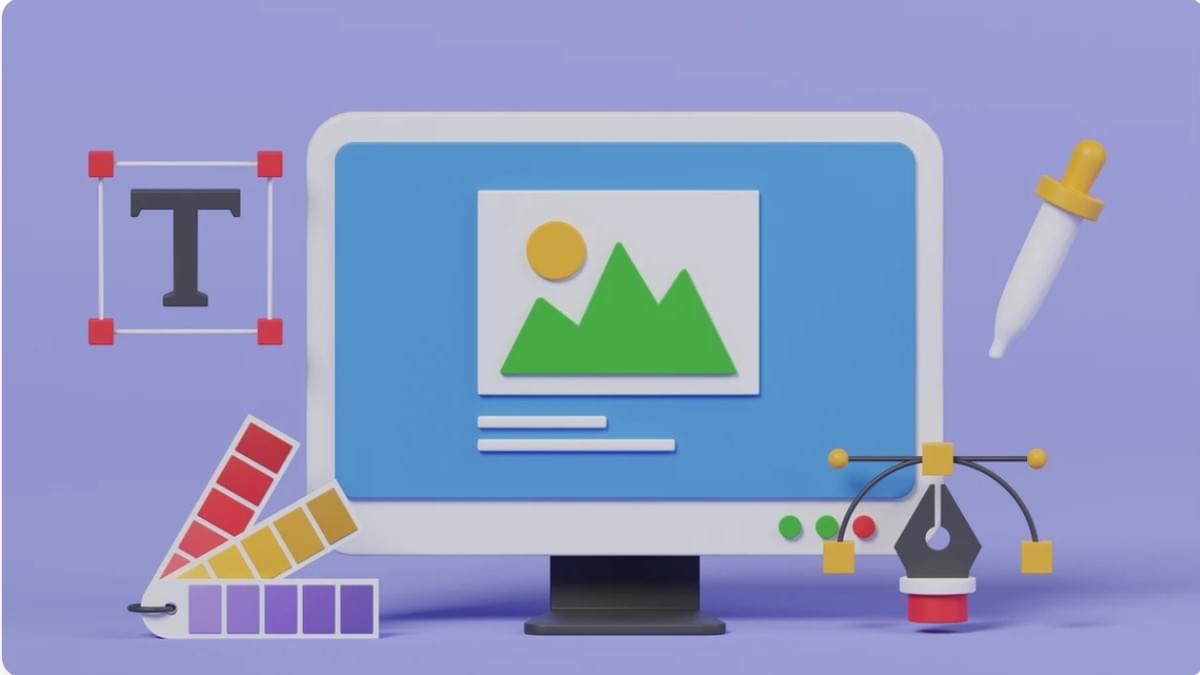 um monitor exibindo várias ferramentas de web design no seu ecrã