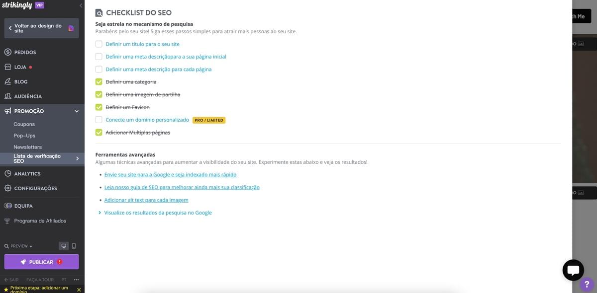Checklist de SEO da Strikingly
