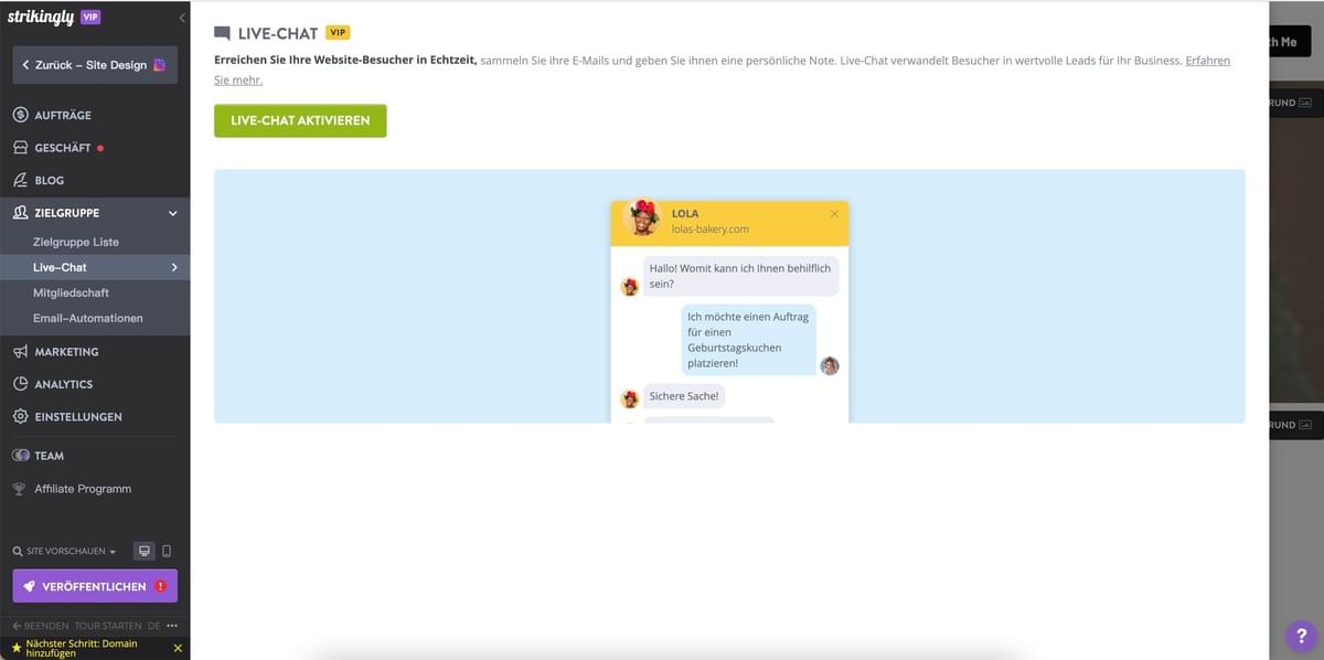 Strikingly Live-Chat-Funktion