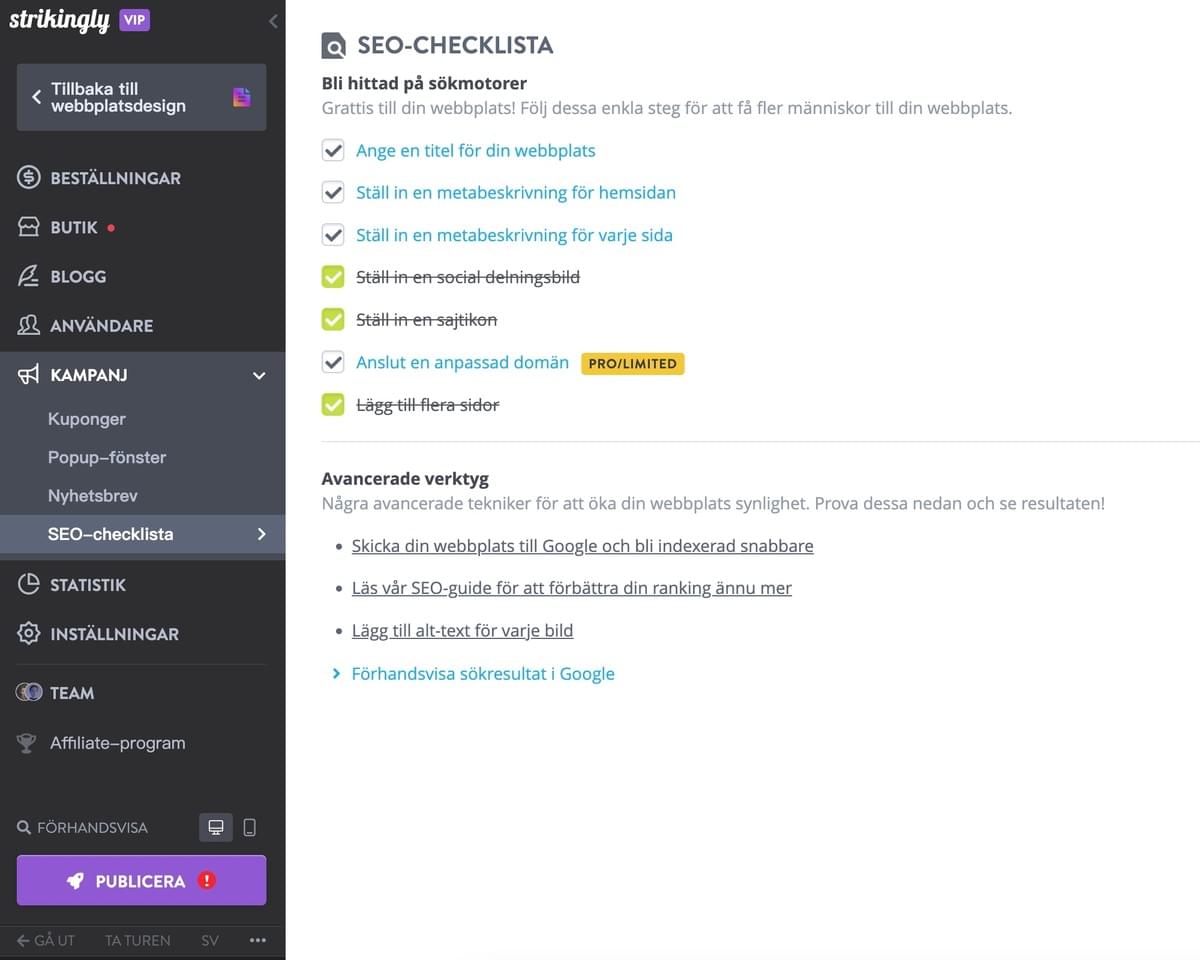 Strikingly SEO-checklista