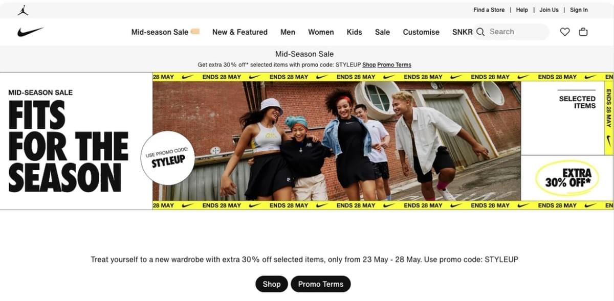Página inicial do site da Nike