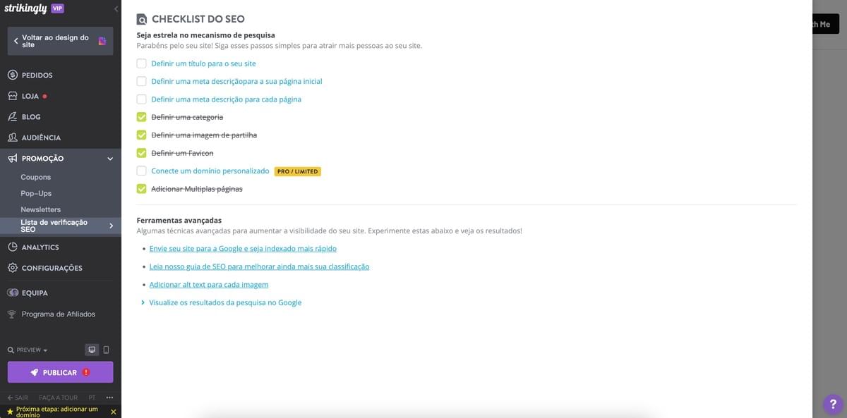 Checklist de SEO do Strikingly