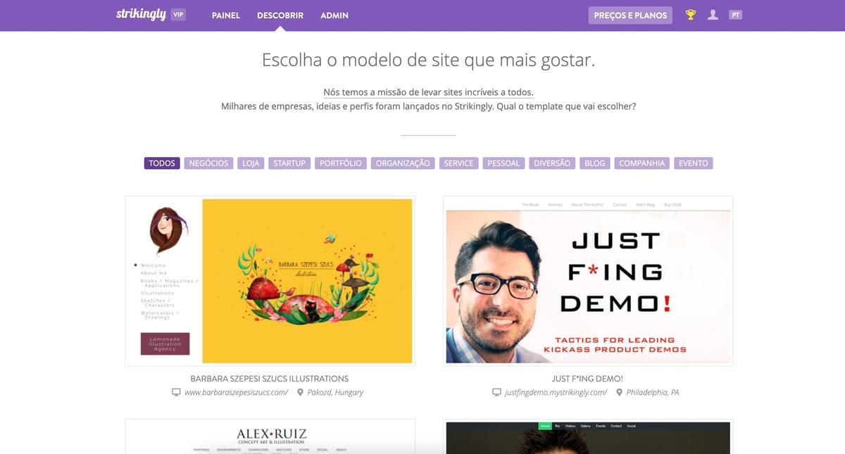 Página de Templates Strikingly