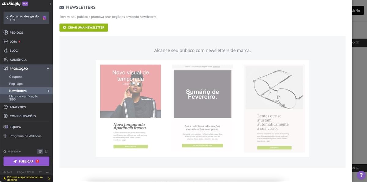 Recurso da Newsletter Strikingly