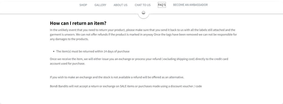 Políticas de devolução de Bondi