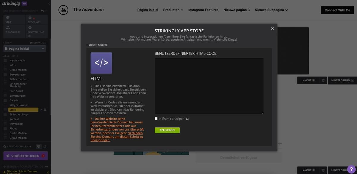 Strkingly HTML-Sektion über den App Store