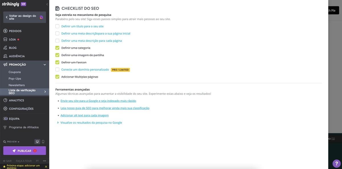 Checklist de SEO da Strikingly