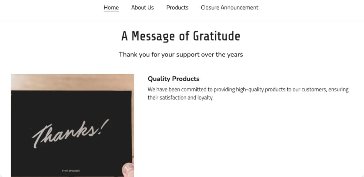 Exemplo de Página de Encerramento Dedicada do Strikingly