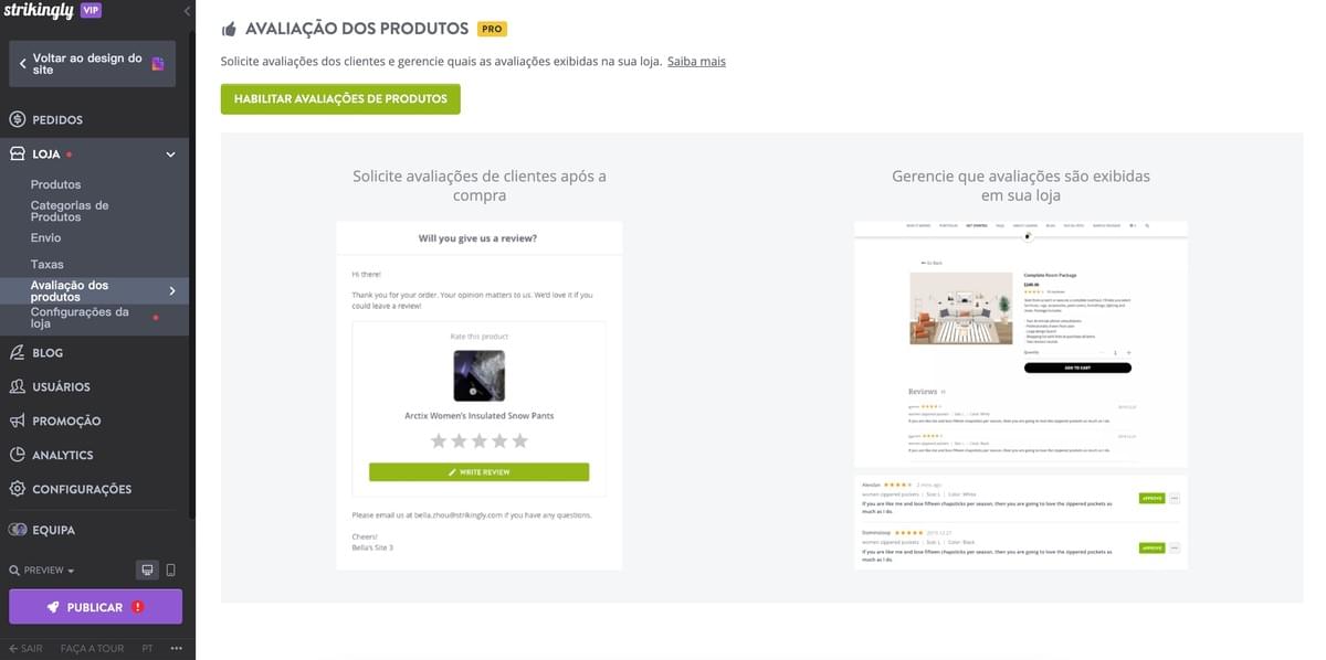 Recurso de Avaliação de Produtos da Strikingly