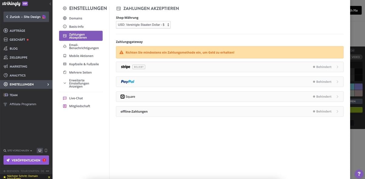 Strikingly's Zahlungsseite des Shops