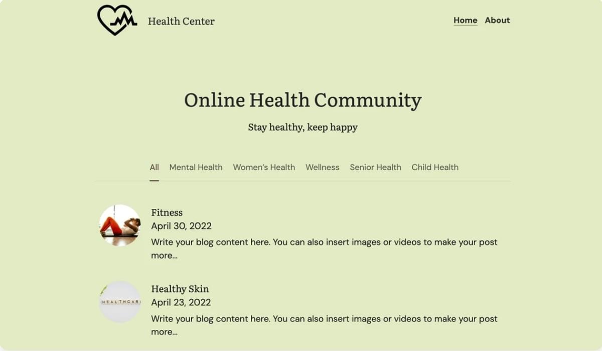 Community Gezondheidssjabloon van Strikingly