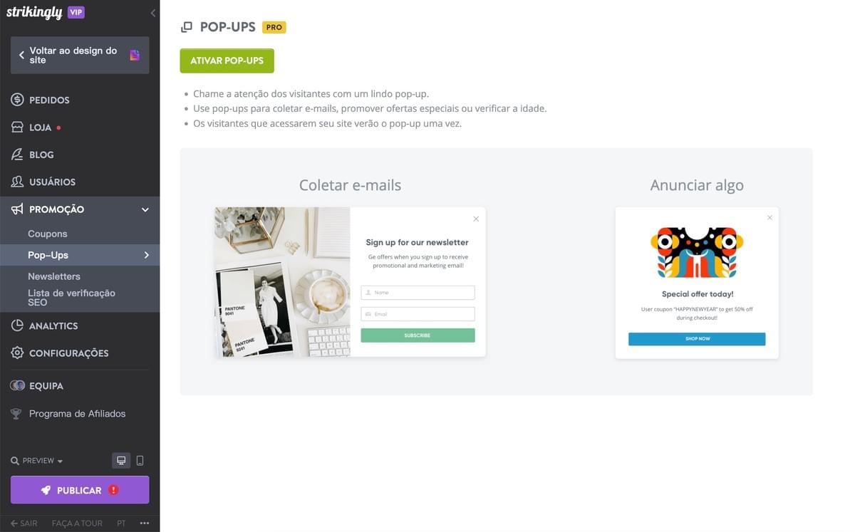 Recurso de Pop Up da Strikingly