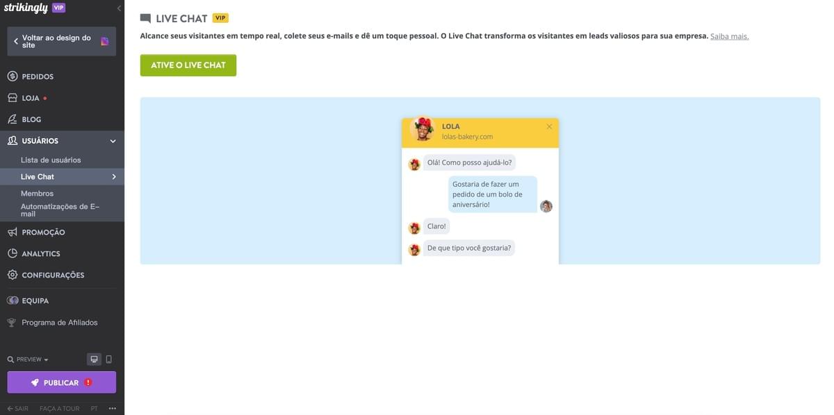 Recurso de Chat ao Vivo da Strikingly