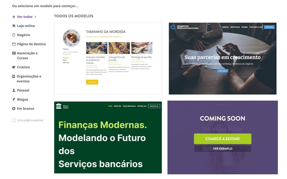 Página de Seleção de Modelos Strikingly