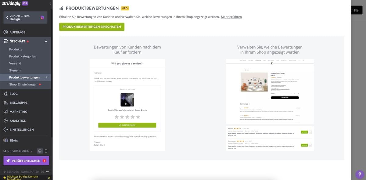 Strikingly Store Bewertung und Bewertungsfunktion