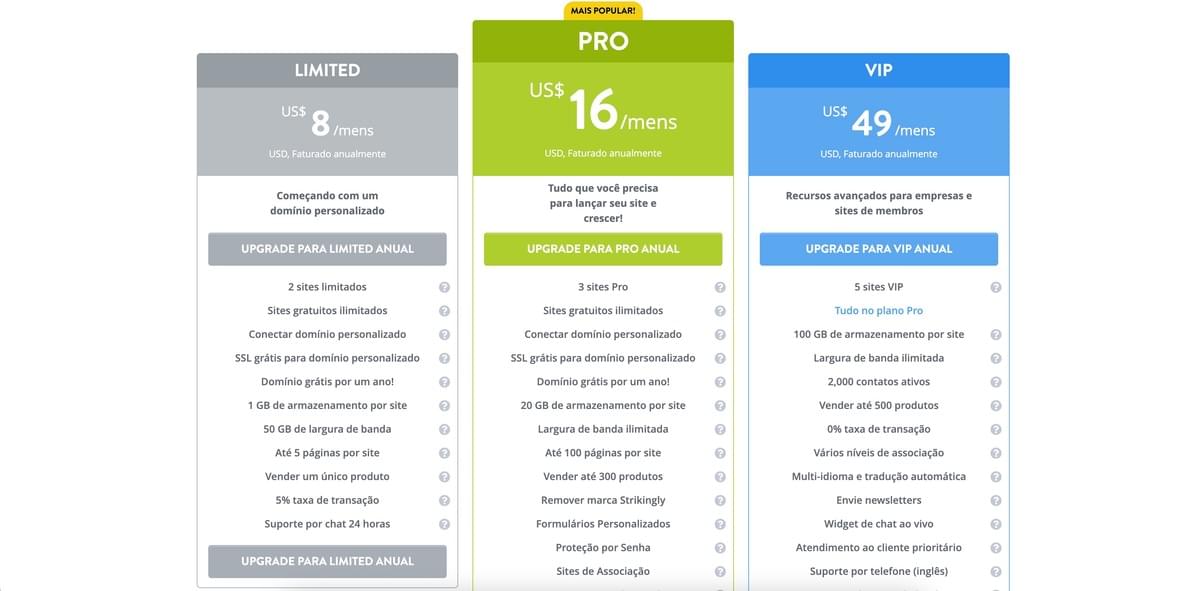 Página de Preços Strikingly