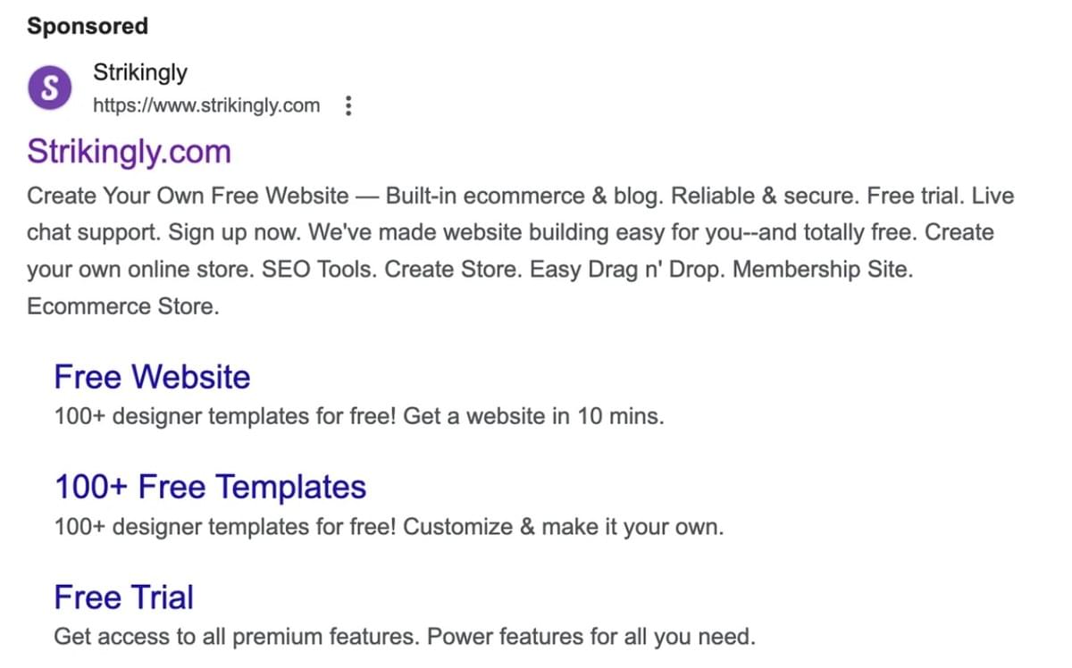 Descrição Meta da Strikingly no Google Search
