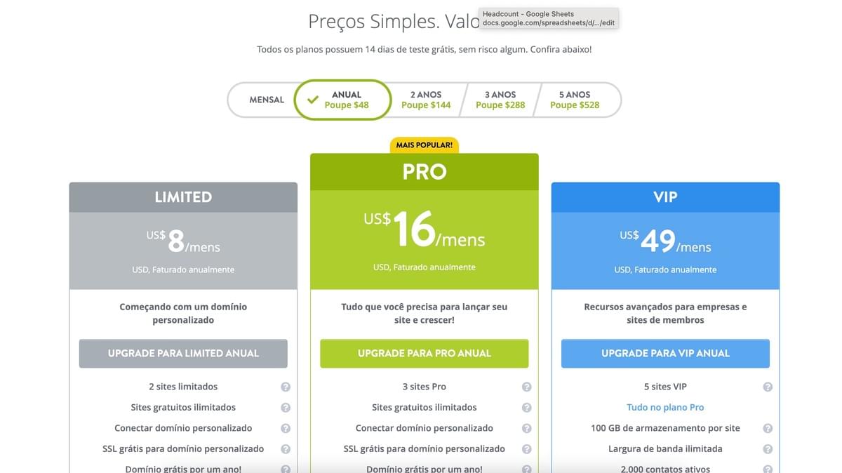 Página de Preços do Strikingly