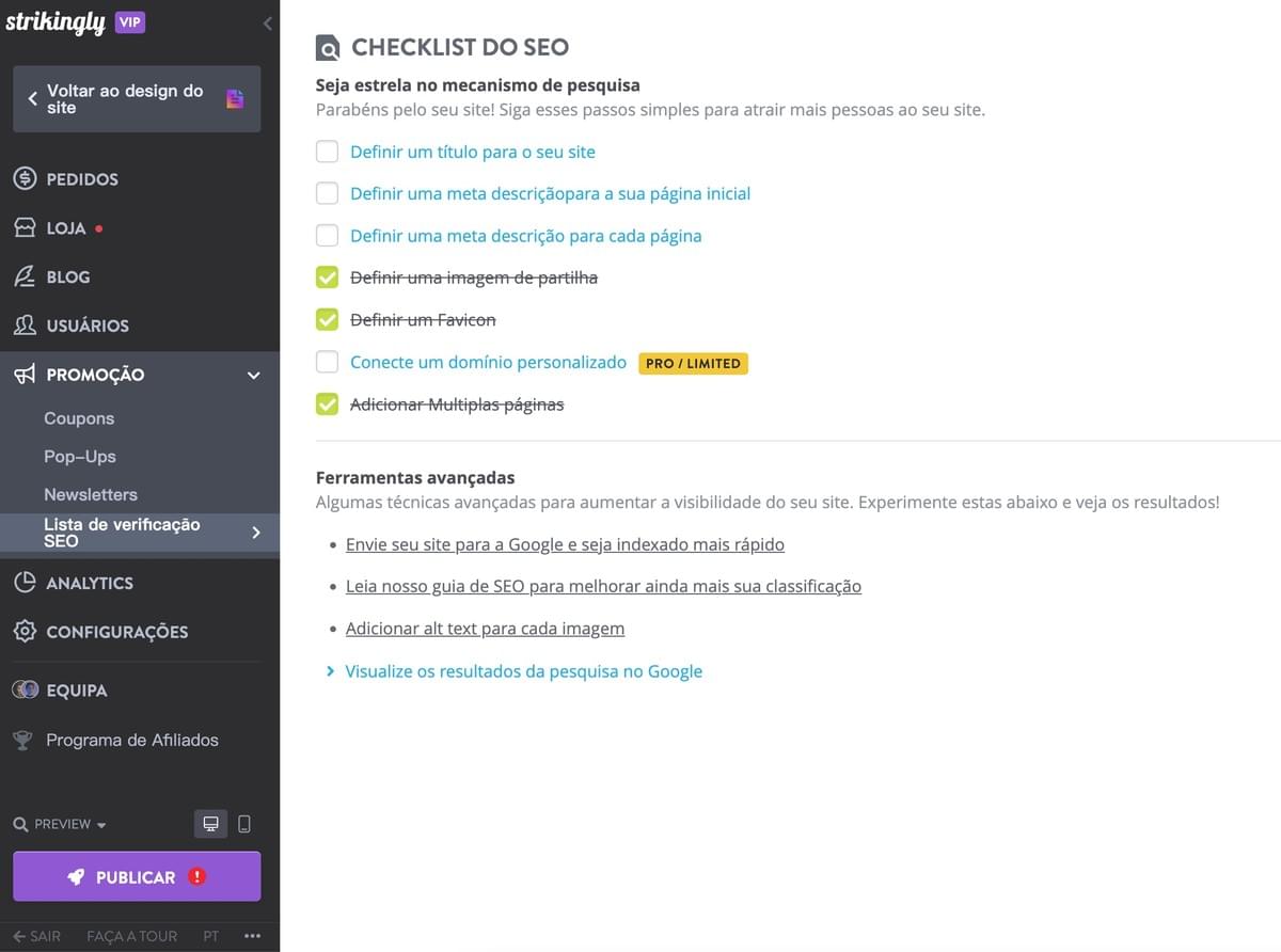 Checklist de SEO do Strikingly
