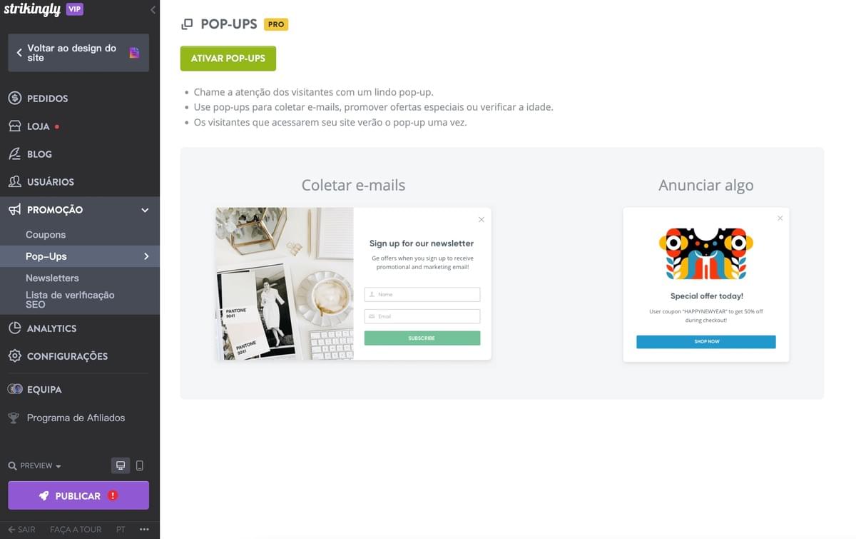 Recurso Pop-Up Strikingly