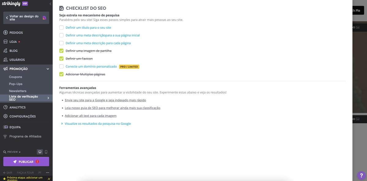 Checklist de SEO da Strikingly