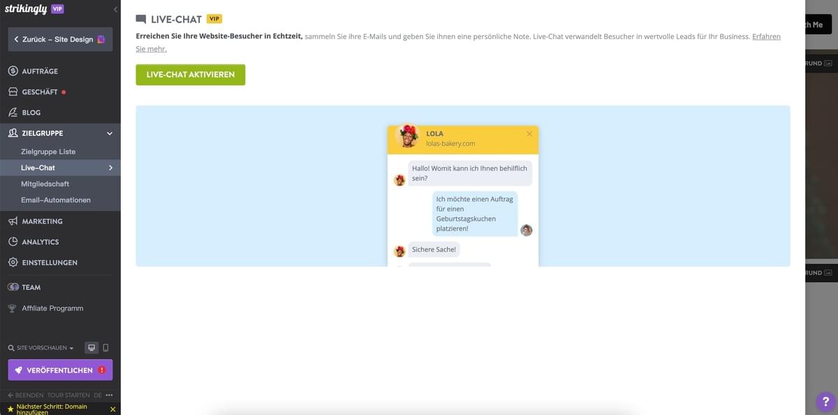 Strikingly Live-Chat-Funktion