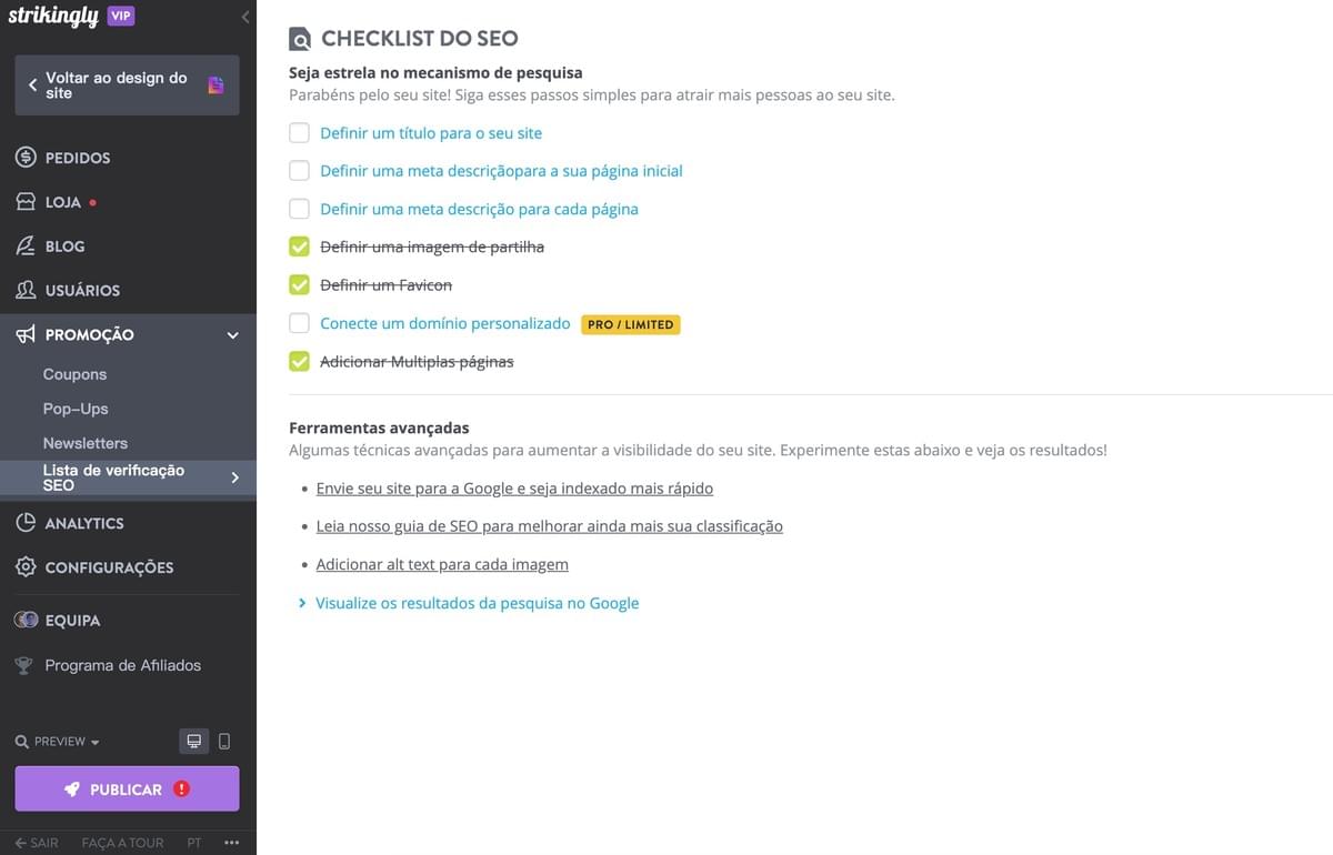 Checklist de SEO Strikingly