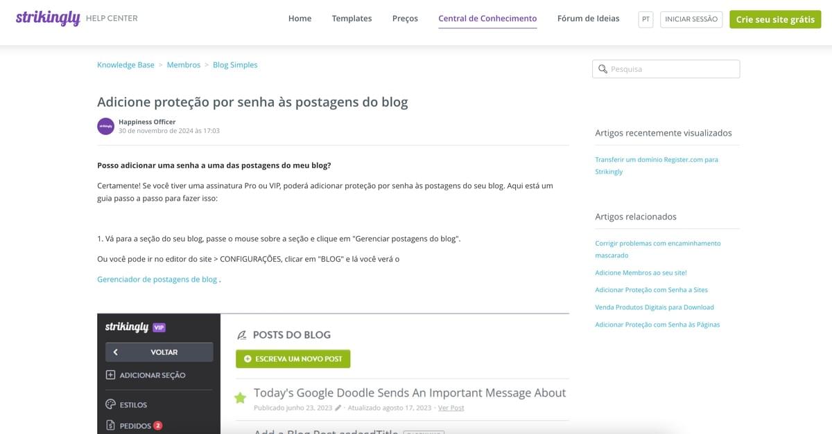 Artigo da Base de Conhecimento Strikingly