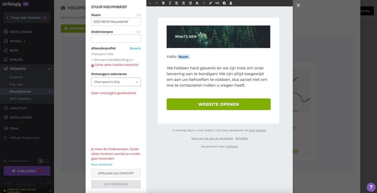 Strikingly Nieuwsbrief Functie