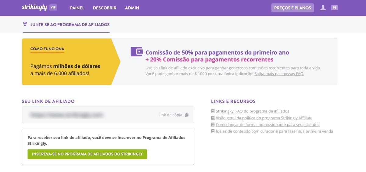 Página de Inscrição do Programa de Afiliados Strikingly