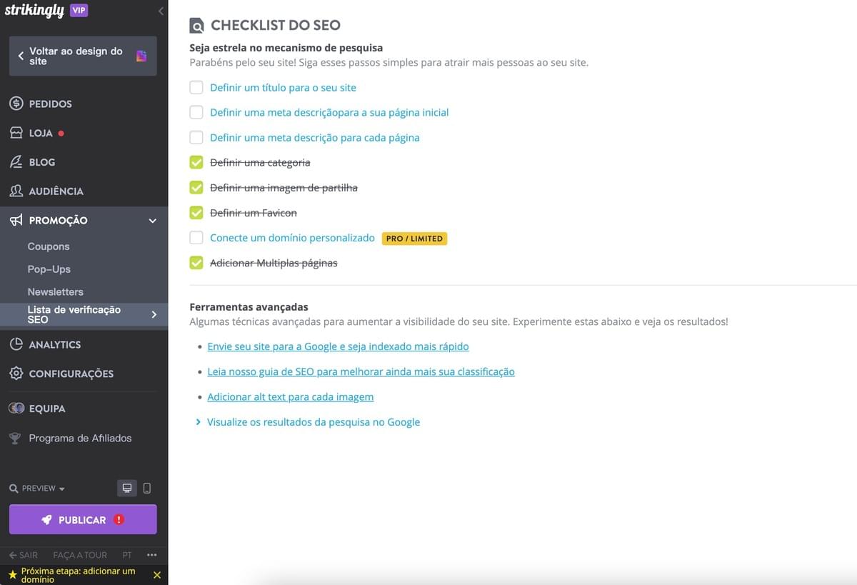 Checklist de SEO do Strikingly