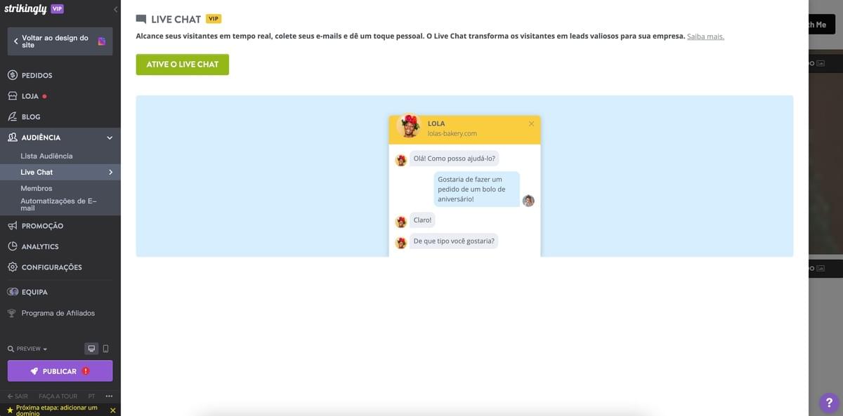 Recurso de Chat ao Vivo do Strikingly