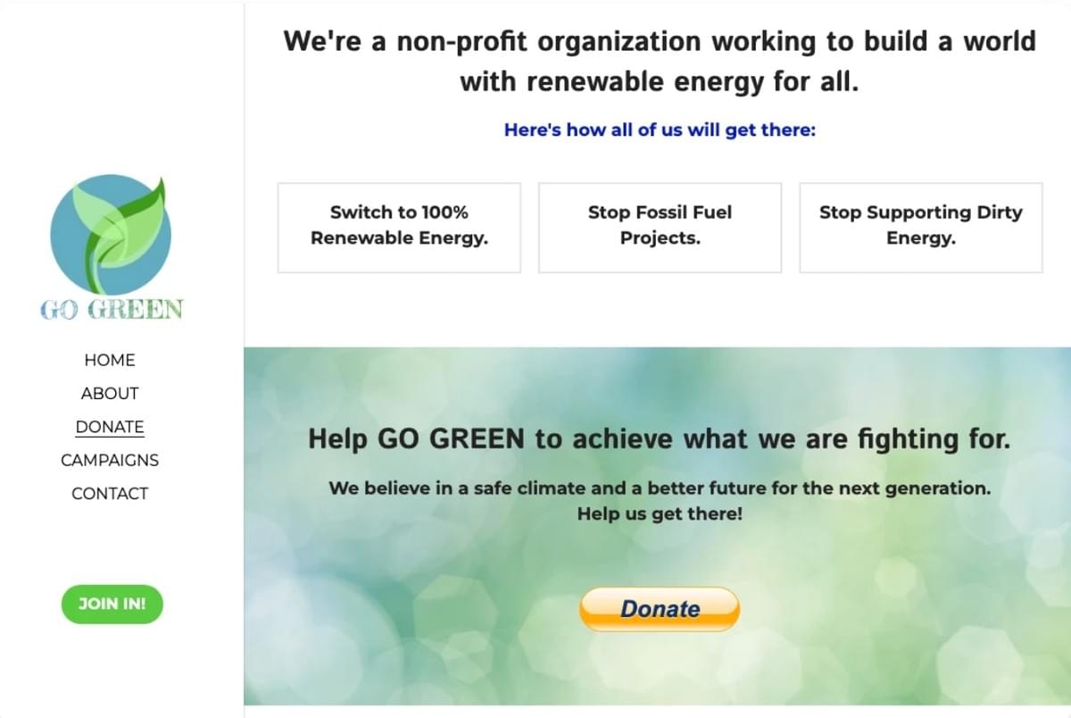Modelo de Design de Site Go Green para Organizações Sem Fins Lucrativos