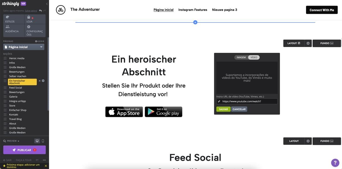 Seção de Vídeo da Strikingly: Incorporação HTML do YouTube
