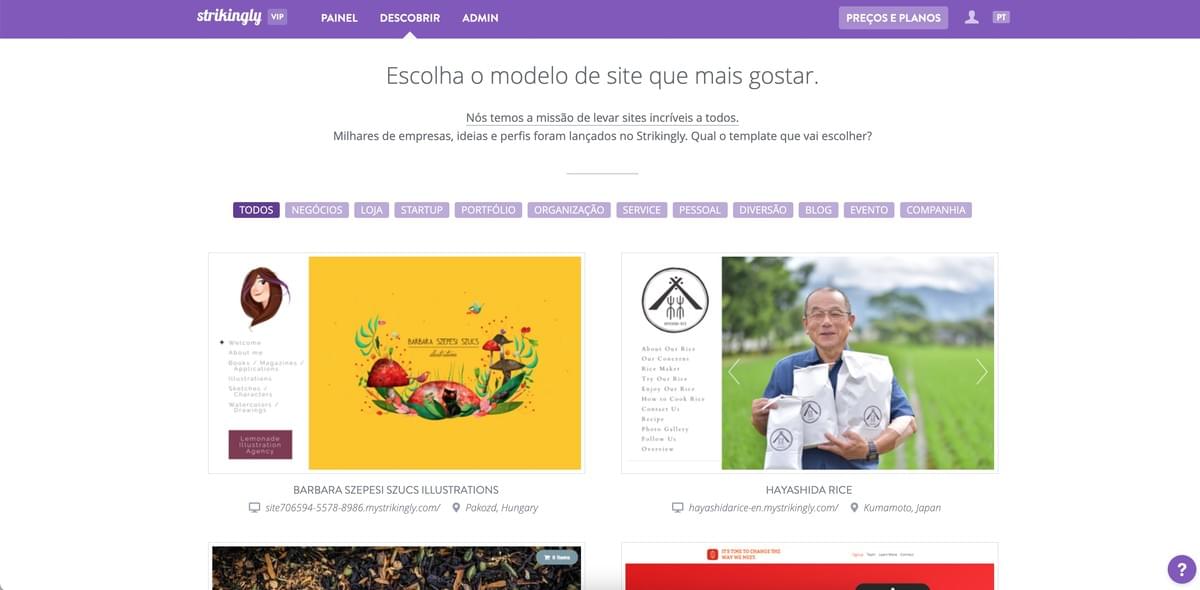 Página de seleção de modelos impressionante