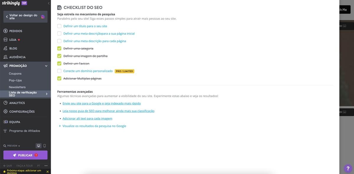 Ferramentas de SEO do Strikingly