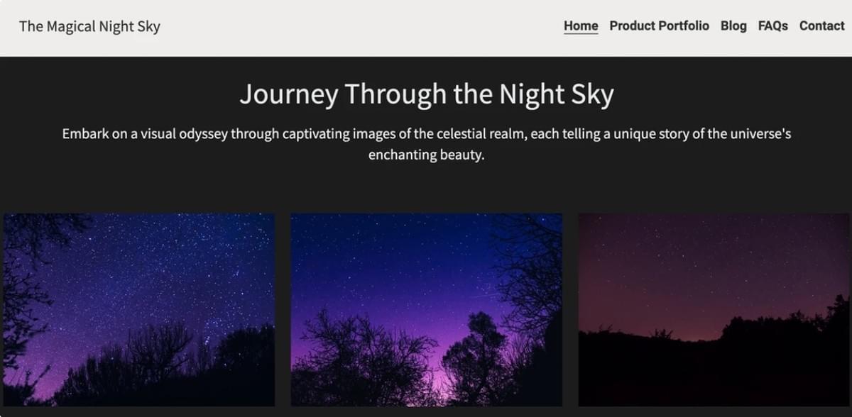 Fotografia noturna no site Strikingly