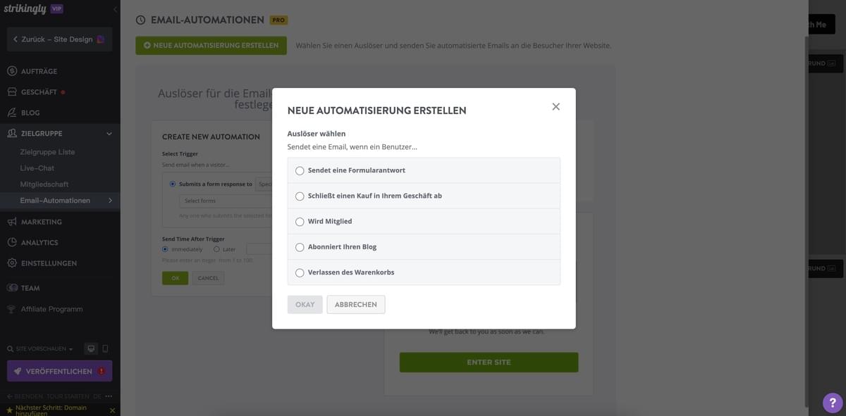 E-Mail-Autoresponder mit Strikingly nutzen – Auslöser festlegen in Strikingly