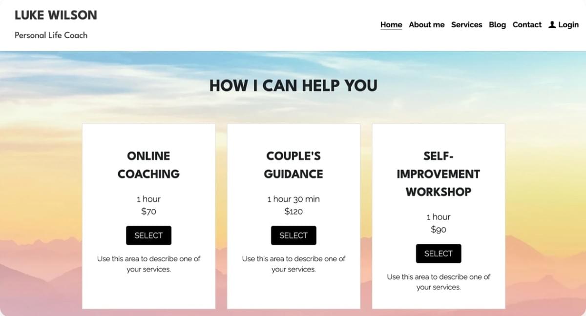 Modelo de Personal Life Coach da Strikingly